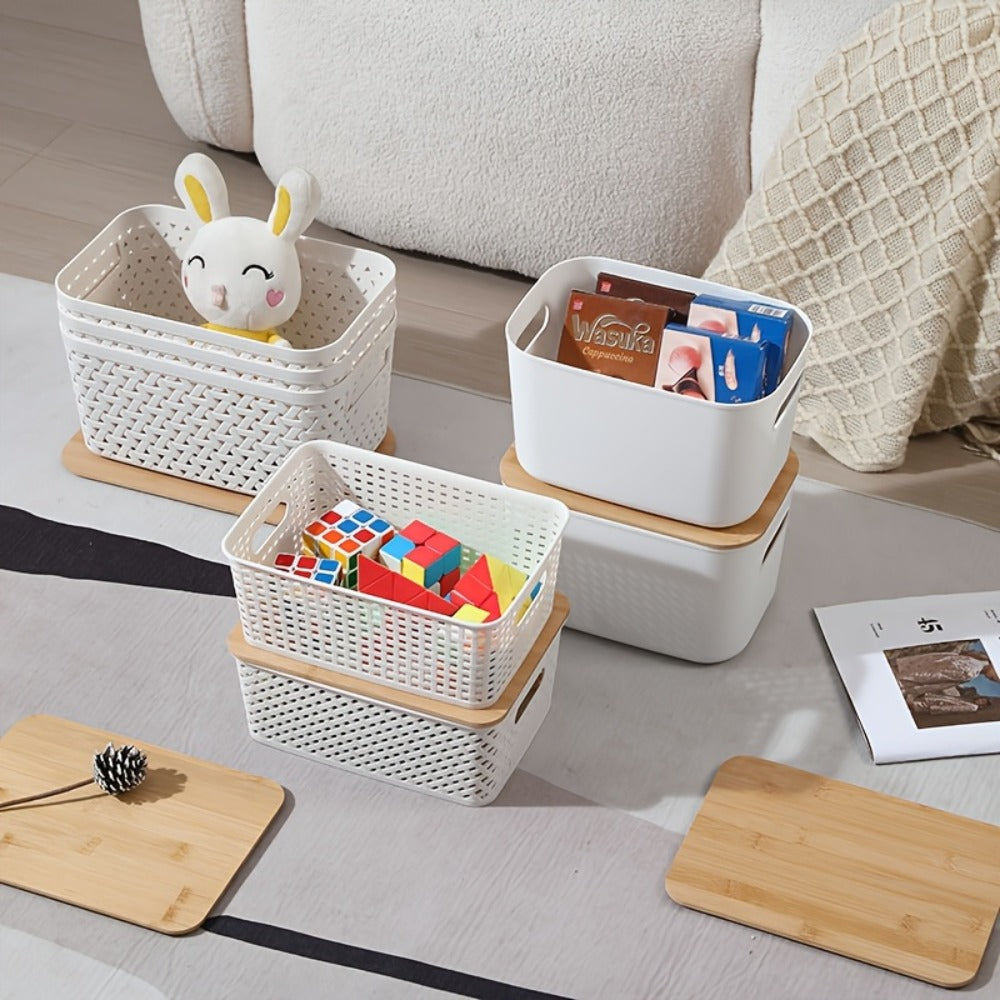 Storage Basket Set with Lids 8pcs – Plastic Desktop Organizer Bins for Document Storage, Shelf Organization & Home Office – Flip-Top Lid Baskets, White