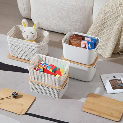 Storage Basket Set with Lids 8pcs – Plastic Desktop Organizer Bins for Document Storage, Shelf Organization & Home Office – Flip-Top Lid Baskets, White