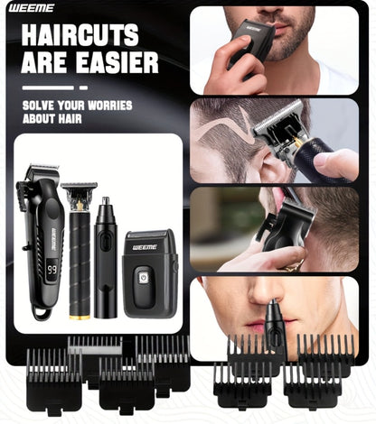 Men's Grooming Kit 4-Piece Set – USB Rechargeable Hair Clipper, Nose Trimmer, Electric Shaver & T9 Detailer with 8 Guide Combs, Professional Cordless Beard Trimmer Set for Men
