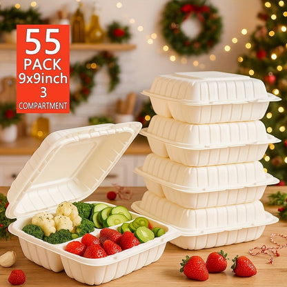 Disposable Food Containers Take Out Boxes with Lids - 7" 8" 9" Plastic Clamshell Meal Prep Containers BPA Free 1 & 3 Compartment Heavy Duty Reusable White