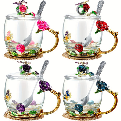 Flower Glass Tea Cups with Lids and Spoon Set of 4 – Butterfly Floral Vintage Clear Glass Mugs 11oz, Fancy Teacup Gift Set for Women Mom Wife Girlfriend, Pink Purple Blue Red