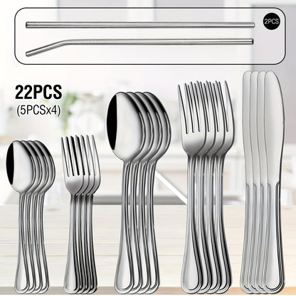 Stainless Steel Flatware Cutlery Set – Mirror Polished, Dishwasher Safe, Silver & Black Options, Service for 4 / 8 / 12 – Kitchen Utensil Set for Home, Restaurant & Wedding Gift