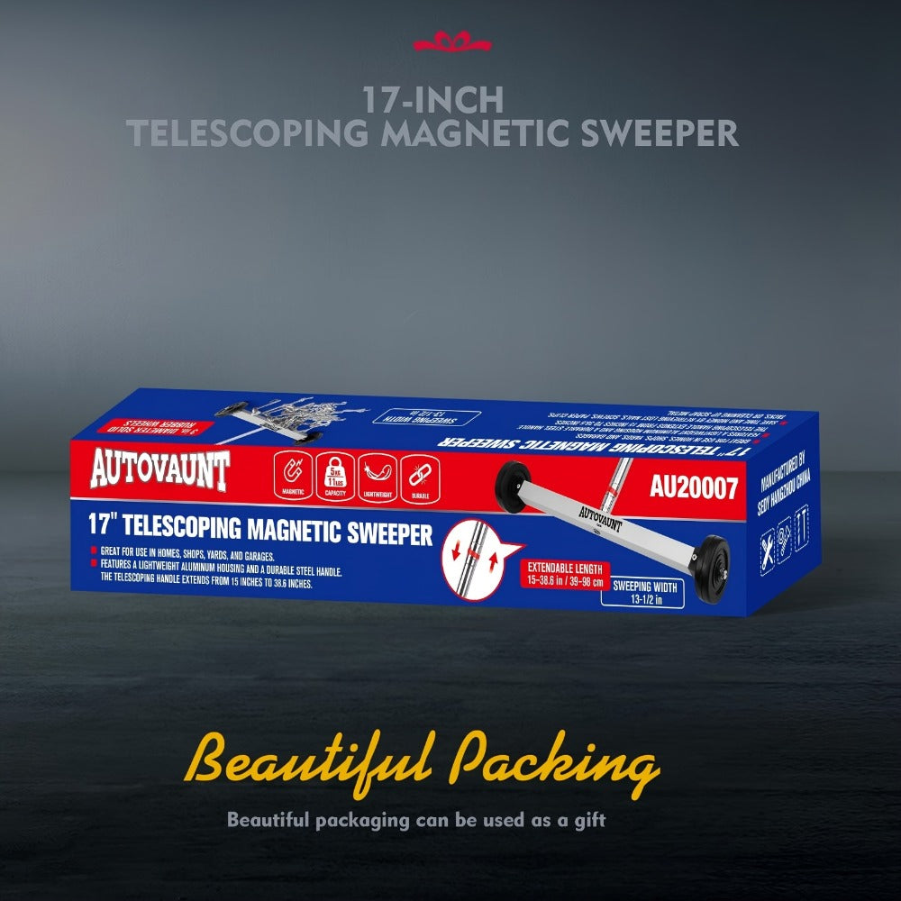 Rolling Magnetic Sweeper 17-Inch with Wheels – Heavy Duty 8.8lb Capacity Telescoping Adjustable Handle 15–38 Inch Picks Up Screws Nails Nuts for Garage Workshop Construction