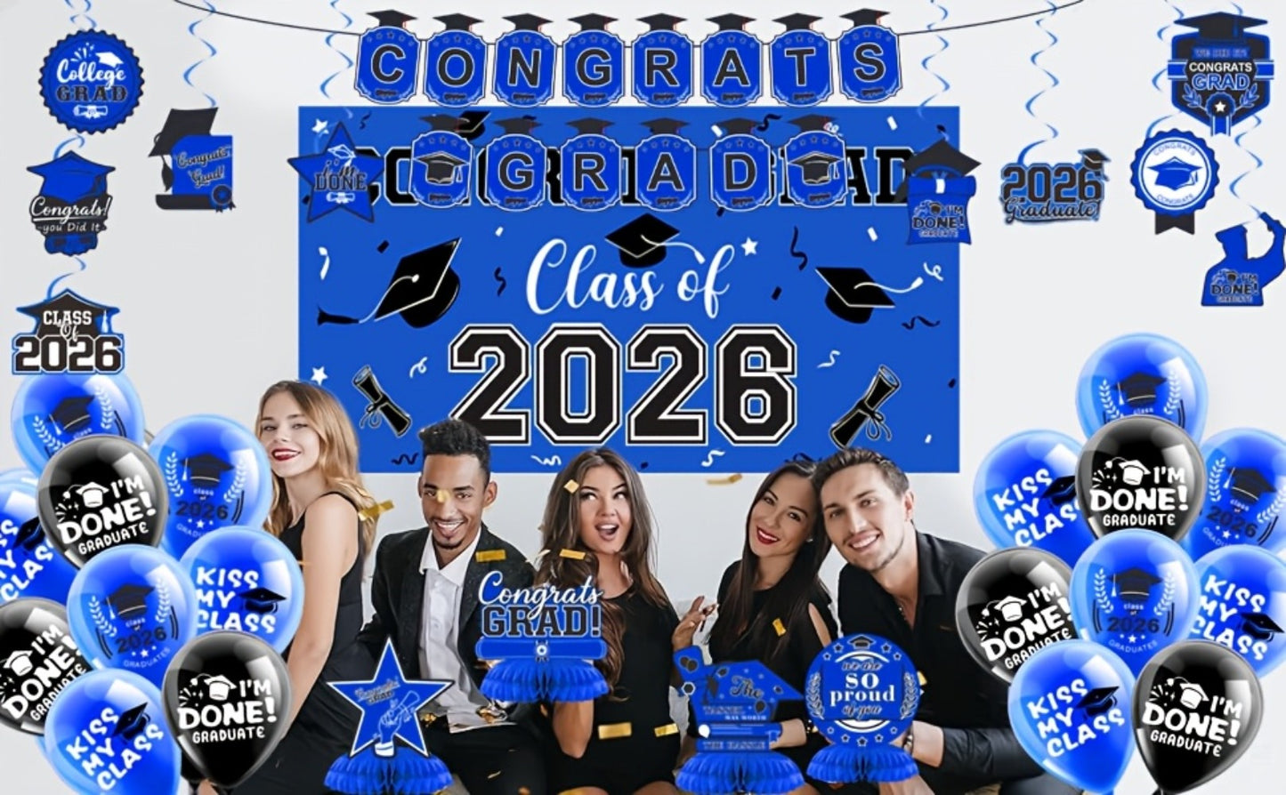 2026 Graduation Decorations Set – Congrats Grad Banner, Backdrop, Hanging Swirls & Honeycomb Table Toppers, Class of 2026 Party Supplies Kit