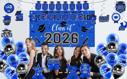 2026 Graduation Decorations Set – Congrats Grad Banner, Backdrop, Hanging Swirls & Honeycomb Table Toppers, Class of 2026 Party Supplies Kit