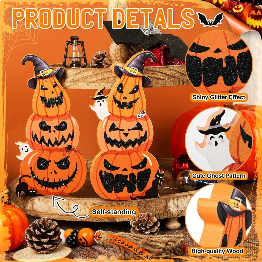Halloween Tiered Tray Decor Set of 2 – Glittery Wooden Pumpkin Stack with Witch Hat, Spooky Centerpiece for Autumn & Fall Home Decoration, Halloween Tabletop Ornament & Seasonal Tiered Tray Accessory