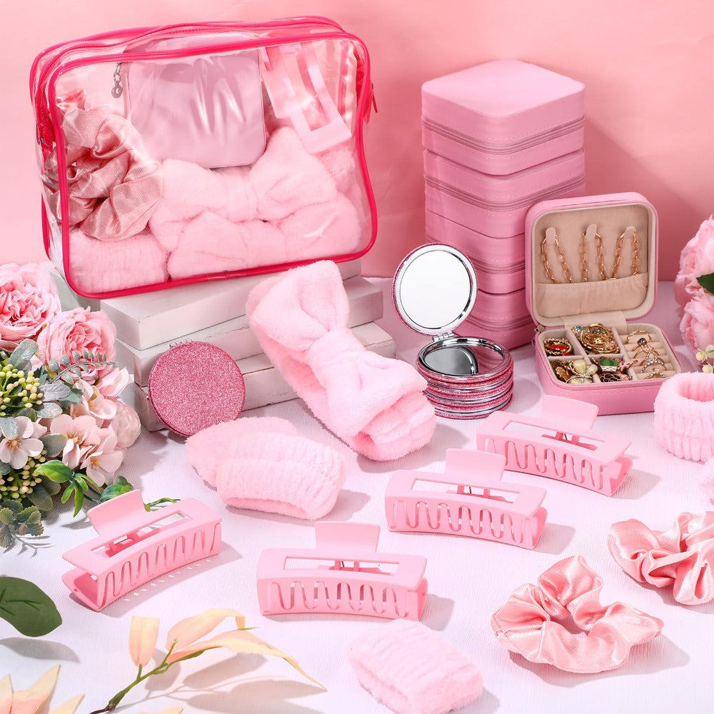Spa Party Favors Set 48pcs for Women – Sleepover Party Supplies with Headband, Wristband, Scrunchies, Hair Clip, Jewelry Case, Makeup Bag & Mirror, Bridesmaid Proposal Gift, Girls Night Return Gifts