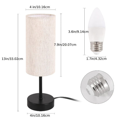 Small Bedside Table Lamp Set of 2 – Linen Shade Nightstand Lamp with Cord Switch, 5W LED Bulb Included, Compact Desk Light for Bedroom Living Room Children's Room Office Dorm (Black / Beige Black)