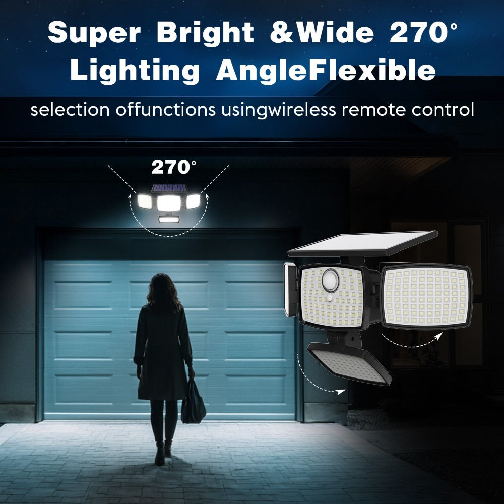 Solar Outdoor Motion Sensor Light 4-Head 3000LM – 270° Wide Angle, 3 Modes, IP65 Waterproof, Remote Control, Solar Flood Light for Garden Backyard Garage Wall Yard, 1/2/4 Pack