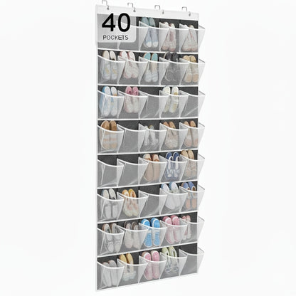 Over the Door Shoe Organizer 40 Pockets with 4 Hooks – Durable Fabric Hanging Shoe Storage for Closet, Entryway & Bedroom – Space-Saving Door Shoe Rack in Gray, White & Black