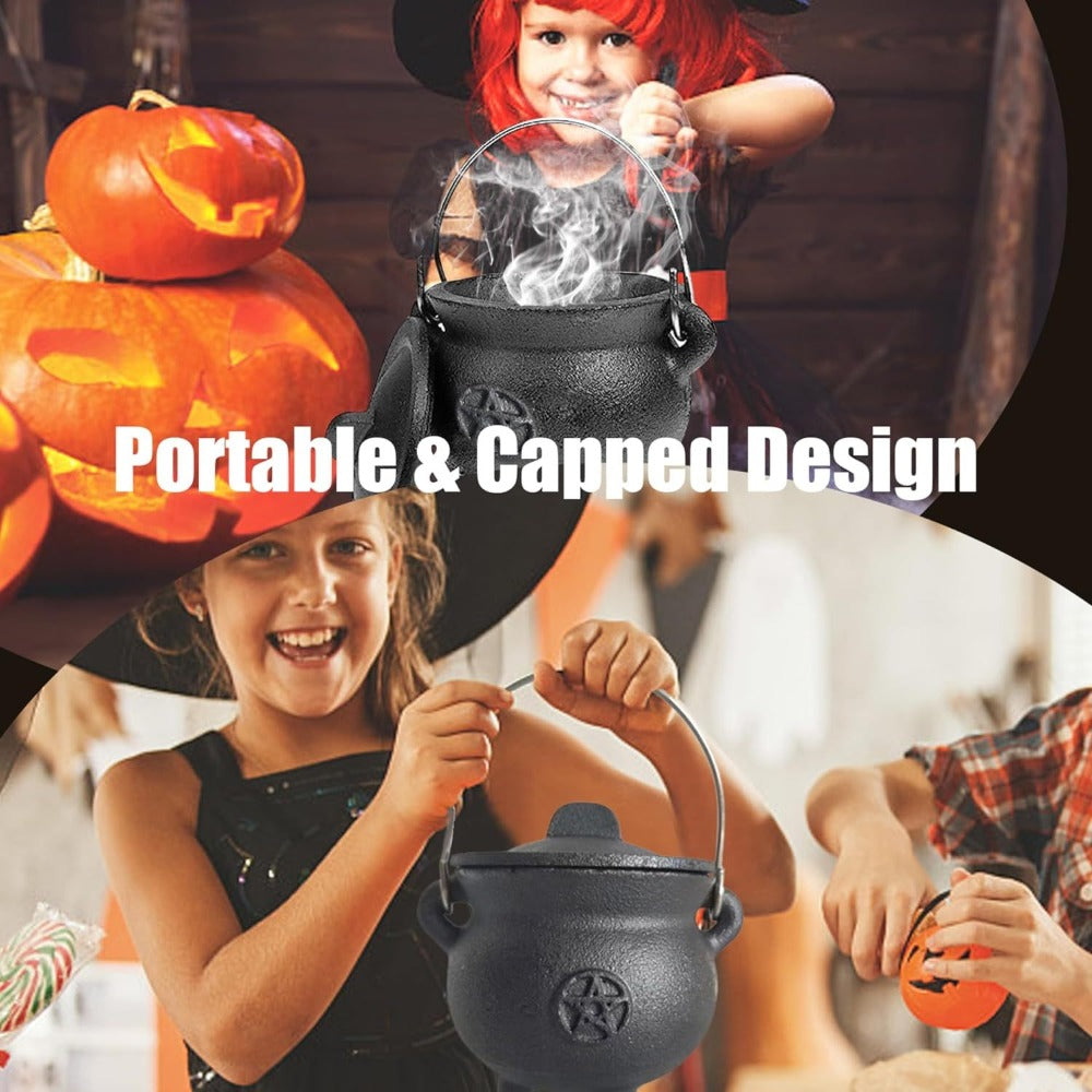 Cast Iron Cauldron with Lid & Handle – Witchcraft Incense Burner, Spell Ritual Pot, Halloween Decor, Pentagram & Triple Moon Styles, Pagan Altar Cauldron