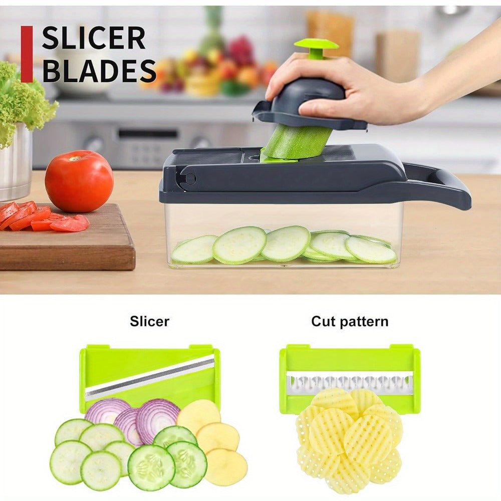Vegetable Chopper 16-in-1 Manual Food Chopper Set – 8 Interchangeable Blades with Container, Grater & Strainer – Professional Onion Slicer & Dicer for Carrots, Garlic & Salad Kitchen Prep