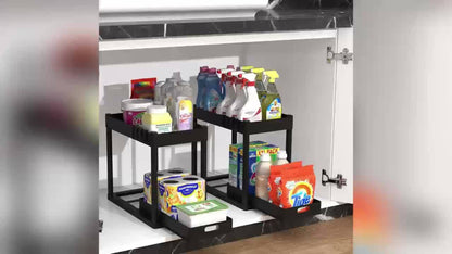 Under Sink Organizer Set of 2 – Dual Tier Sliding Basket Drawers with 8 Hooks Kitchen Bathroom Cabinet Storage