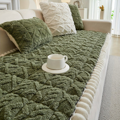Bohemian Quilted Sofa Cover with Ruffles - 300GSM Shu Velveteen Anti-Slip Pet Friendly Machine Washable Plush Slipcover for Loveseat 3-4 Seater Sectional Sofa, 5 Colors