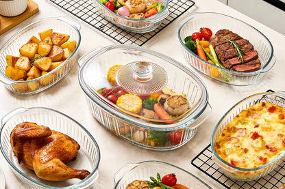 Borosilicate Glass Baking Dish with Lid 96oz – Oval Casserole Pan Microwave Oven Fridge Safe | Multi-Use for Baking, Meal Prep, Grilled Fish, Salad & Food Serving | Kitchen Bakeware with Cover