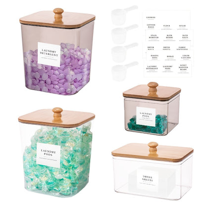 Laundry Pod Containers Set of 4 with Lids Scoops and Labels – Laundry Room Organization Storage Canisters for Pods Detergent Dryer Balls Scent Beads Mixed Color