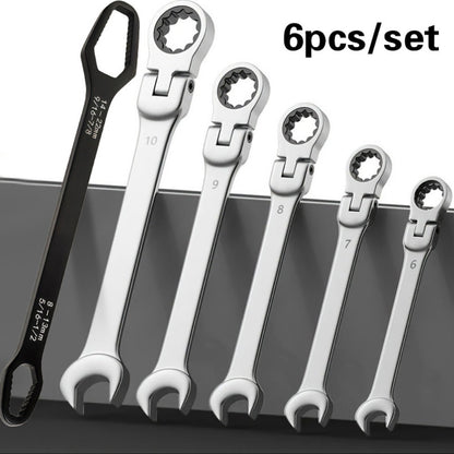 Flexible Head Ratchet Wrench Set 6-Piece – 72-Tooth 180° Dual-End CR-V Steel, Metric 6-10mm Double-Headed Wrenches for Auto, Motorcycle & Bike Repair, Compact Tool Kit