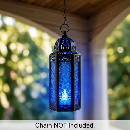 Moroccan Candle Lantern Holder - Decorative Metal & Glass Lantern with Embossed Floral Design for Indoor Home Decor, Garden, Patio, Weddings, Ramadan, Halloween & Holiday Celebrations - 10.5" Tall Medium Size
