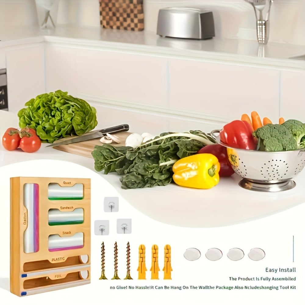 Bamboo Ziplock Bag Organizer Box for Kitchen Drawer - Adjustable Dividers, Compatible with Gallon Quart Sandwich Snack Bags, Space-Saving Fresh-Keeping Storage, Easy to Clean, Durable