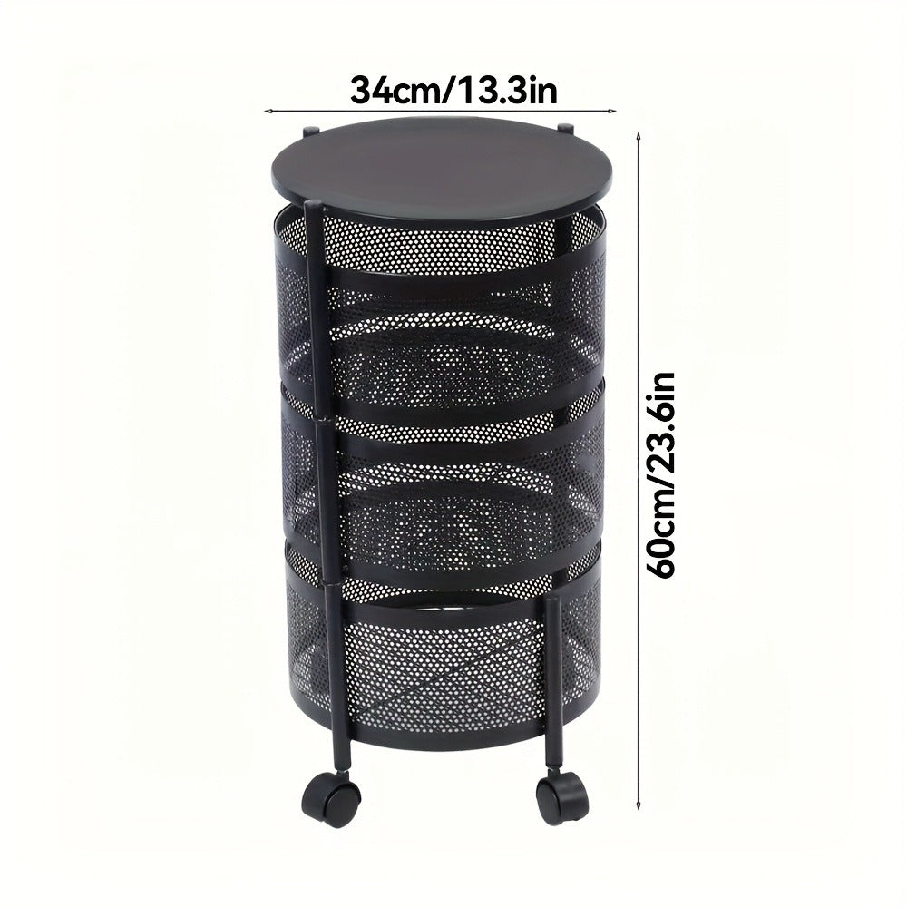 Rotating Storage Rack Multi-Tier Rolling Cart – 360° Swivel Round Floor Standing Organizer with 4 or 5 Layers, Vegetable Basket & File Rack for Kitchen, Bathroom, Office & Living Room (Black / White)
