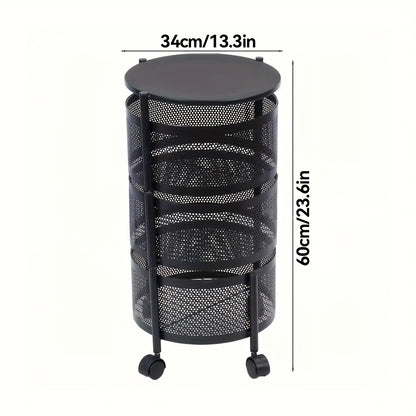Rotating Storage Rack Multi-Tier Rolling Cart – 360° Swivel Round Floor Standing Organizer with 4 or 5 Layers, Vegetable Basket & File Rack for Kitchen, Bathroom, Office & Living Room (Black / White)
