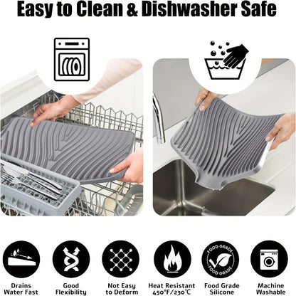 Silicone Dish Drying Mat Large 34.5x19in Slope Drain Design Kitchen Counter Drying Pad for Dishes Utensils & Countertop – Heat Resistant Non-Slip Draining Mat