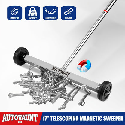 Rolling Magnetic Sweeper 17-Inch with Wheels – Heavy Duty 8.8lb Capacity Telescoping Adjustable Handle 15–38 Inch Picks Up Screws Nails Nuts for Garage Workshop Construction
