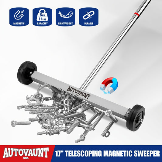 Rolling Magnetic Sweeper 17-Inch with Wheels – Heavy Duty 8.8lb Capacity Telescoping Adjustable Handle 15–38 Inch Picks Up Screws Nails Nuts for Garage Workshop Construction