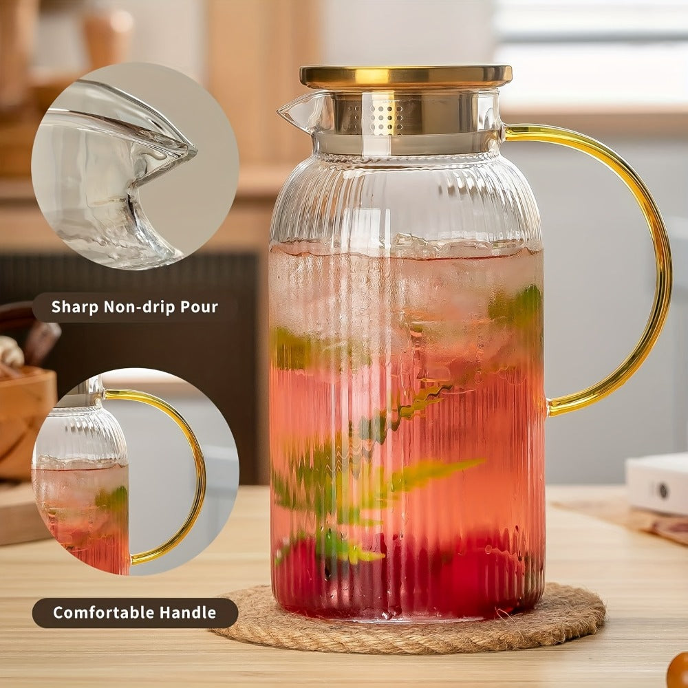 Glass Pitcher with Stainless Steel Lid 68oz 2 Liter Borosilicate Water Pitcher Carafe for Cold Brew, Lemonade, Iced Tea & Milk – Heat Resistant, 2 or 4 Pack