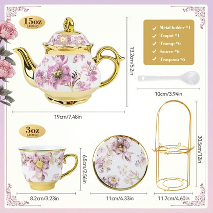 20-Piece Floral Ceramic Tea Set with Saucers & Metal Stand | European Afternoon Tea Service, Blooming Design, Complete Tea Accessories, Gift for Tea Lovers