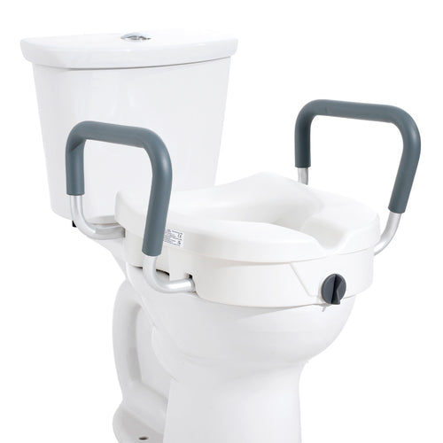 Raised Toilet Seat with Arms for Seniors & Elderly - 5 Inch Elevated Toilet Seat, 350 lbs Capacity, Twist Lock, Adjustable Armrests with Padding, Fits Round & Elongated Toilets