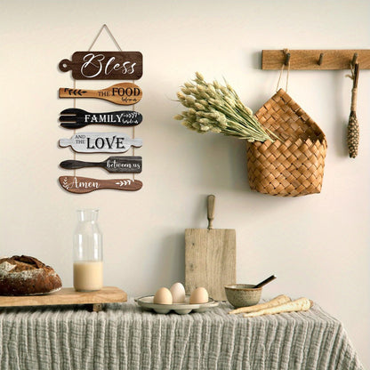 Farmhouse Wall Decor Wood Sign Set - "Bless The Food Before Us" Rustic Kitchen Dining Room Hanging Plaque, 6-Piece Rope Wood Board Art, Housewarming Thanksgiving Gift for Home