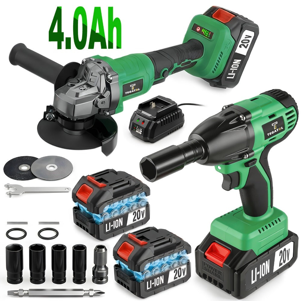 20V Brushless Power Tool Combo Kit | 4-Tool Cordless Set with Impact Wrench, Hammer Drill, Angle Grinder & Electric Drill – 3 Batteries Included for Home Renovation & Construction