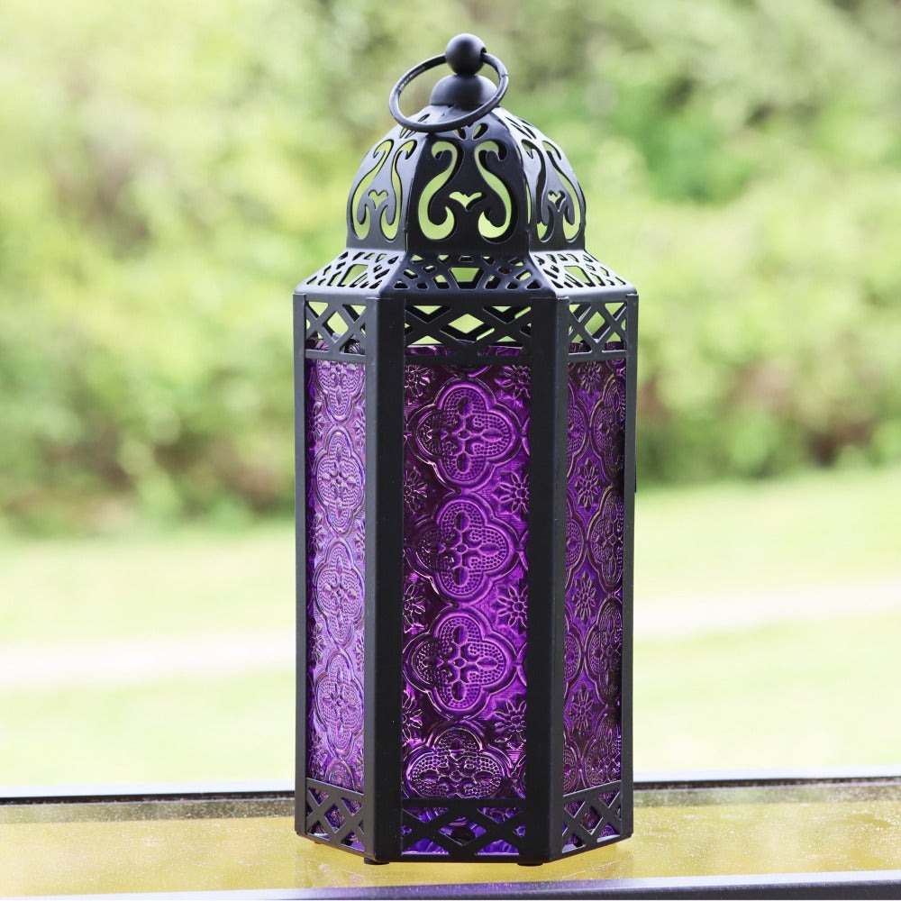 Moroccan Candle Lantern Holder - Decorative Metal & Glass Lantern with Embossed Floral Design for Indoor Home Decor, Garden, Patio, Weddings, Ramadan, Halloween & Holiday Celebrations - 10.5" Tall Medium Size