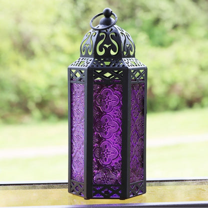 Moroccan Candle Lantern Holder - Decorative Metal & Glass Lantern with Embossed Floral Design for Indoor Home Decor, Garden, Patio, Weddings, Ramadan, Halloween & Holiday Celebrations - 10.5" Tall Medium Size