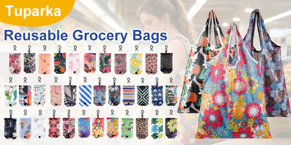 Reusable Grocery Bags Foldable Nylon Tote Bags Waterproof Washable Eco-Friendly Shopping Bag Set with Cute Floral Stripe Polka Dot Leopard Print 18/36pcs
