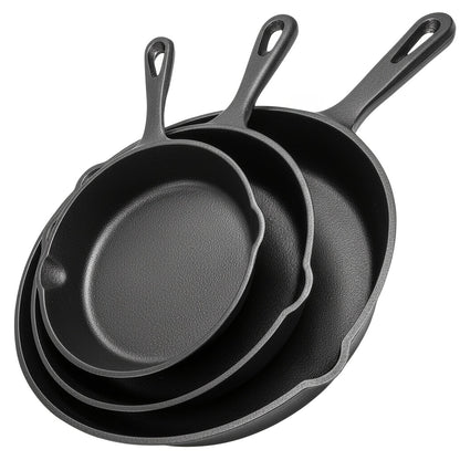 Cast Iron Skillet Set 3pcs - Non-Stick with Drip Spout, Pre-Seasoned Cookware for Holiday Cooking RV Campfire Outdoor Grilling, Heavy Duty Kitchen Frying Pan Set