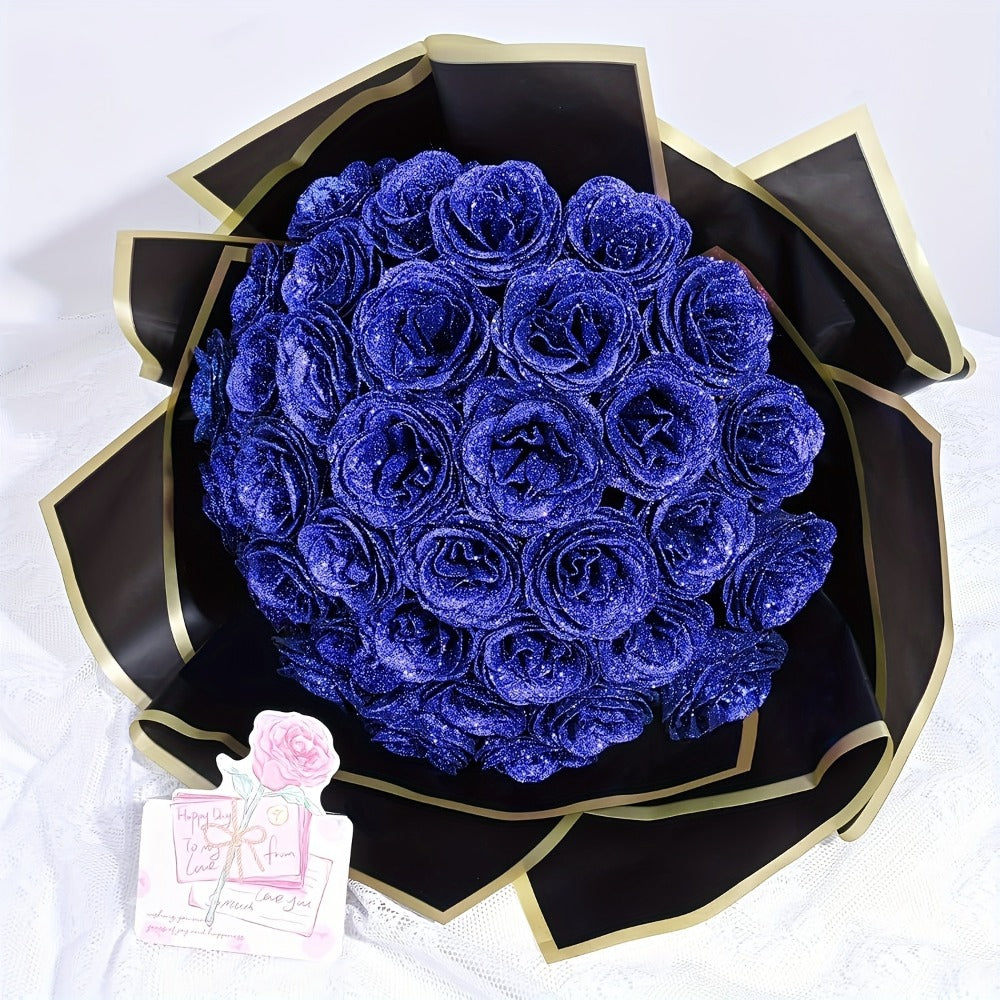 Artificial Rose Bouquet 24 Glitter Roses with 6 Golden Butterflies, Everlasting Shiny Fake Flower Bouquet for Wedding, Anniversary, Engagement & Home Decor | Purple, Red, Pink, Blue