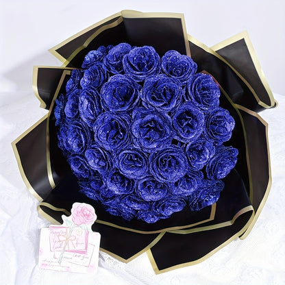 Artificial Rose Bouquet 24 Glitter Roses with 6 Golden Butterflies, Everlasting Shiny Fake Flower Bouquet for Wedding, Anniversary, Engagement & Home Decor | Purple, Red, Pink, Blue