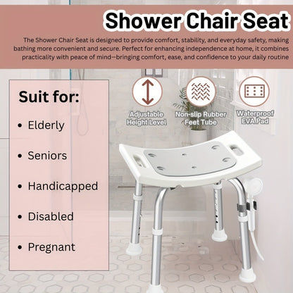 Aluminum Shower Chair 6-Level Adjustable Height Bath Stool Extra Wide Seat Tool-Free Assembly Anti-Slip Feet Lightweight Ergonomic Bath Seat for Elderly Disabled Pregnant Women Post-Surgery Recovery Bathroom Safety White