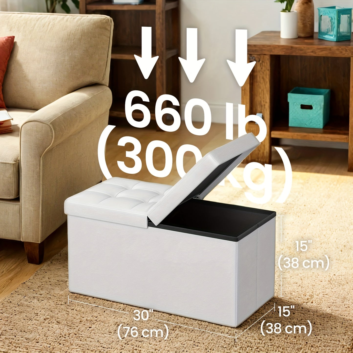 Storage Ottoman with Flip Top Lid 660lbs – Foldable Faux Leather Chest Stool, 30" Wide Extra Seating & Blanket Storage for Entryway, Living Room & Bedroom