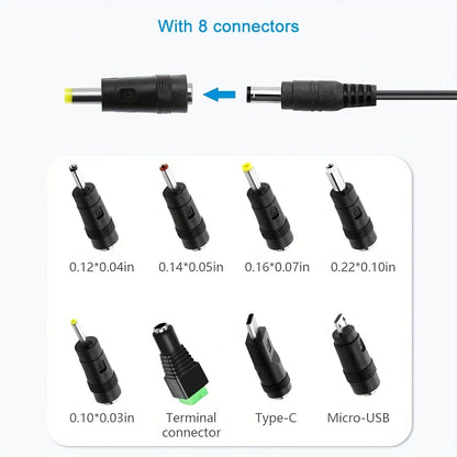 Universal 5V 2A Power Adapter 9-in-1 with 8 Tips - AC/DC 10W Power Supply Type-C Micro-USB Barrel Connectors for Router CCTV LED Strip TV Box