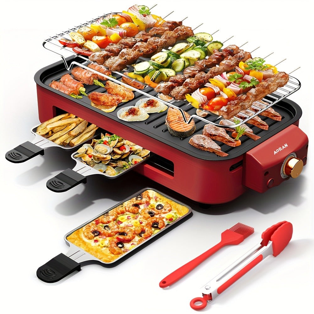 Electric BBQ Grill Indoor – 1500W Smokeless Tabletop Grill with Removable Frying Pan, Waffle Maker & Non-Stick Stainless Steel Plates, Adjustable Temperature, Perfect Christmas Housewarming Gift