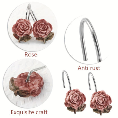 Shower Curtain Hooks Rose Resin - 12pcs Rustproof Cast Iron Floral Bathroom Hooks, Heavy Duty Metal Rings for Curtain Rod, Decorative Bath Accessories