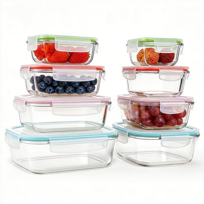 Glass Food Storage Containers 16-Piece Set 8 Glass Bowls with 8 Sealed Lids BPA Free Dishwasher Microwave Refrigerator Safe Meal Prep Containers Bento Boxes in Blue Grey Green Assorted