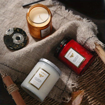 Scented Candle in Relief Glass Cup – Aromatherapy Home Fragrance with Crystal Embellishment, Single Wick, Multiple Scents – Jasmine, Tuberose, Amber, Sage & More