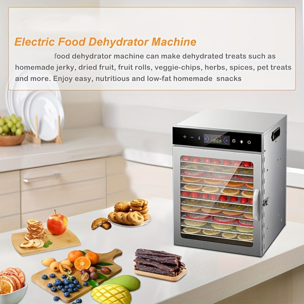 Food Dehydrator 12 Stainless Steel Trays 800W 24H Digital Timer 86-194°F Temperature Control 360° Hot Air Circulation for Jerky Fruit Herbs Vegetables with Recipe Book