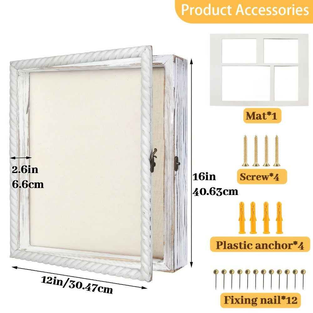Shadow Box Frame with Linen Back – Large Rustic Memory Display Case 11x14 & 12x16 Inch for Photos, Medals, Coins, Pins, Flowers & Collectibles, 4 Removable Shelves, Black White Brown