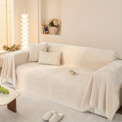Chenille Sofa Cover with Fringe 300GSM - Super Soft Pet Friendly Solid Couch Slipcover for Single 2 4 Seater Living Room Decoration, 4 Colors