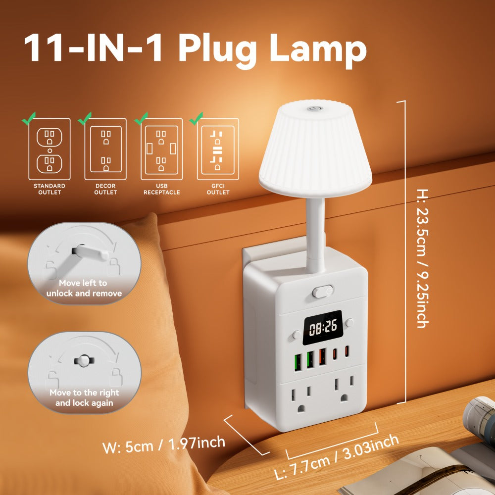 Power Strip Extender with Digital Clock & Desk Lamp – 4 AC Outlets, 3 USB & 2 Type-C Ports, One-Touch On/Off, Overload Protector | Multi-Function Surge Protector for Home, Office, Dorm & School